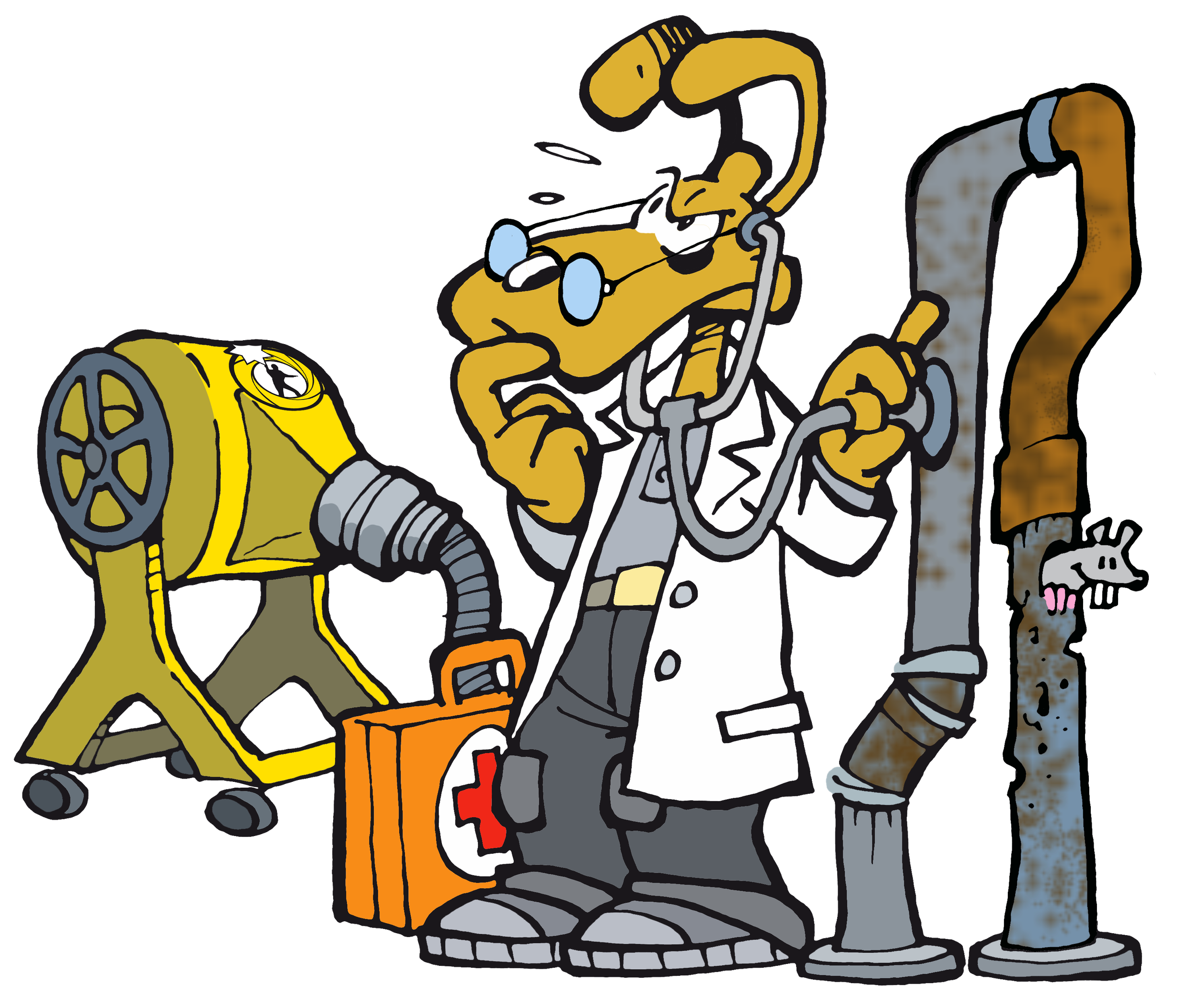 A cartoon drawing of a person examining a pipe with a stethoscope