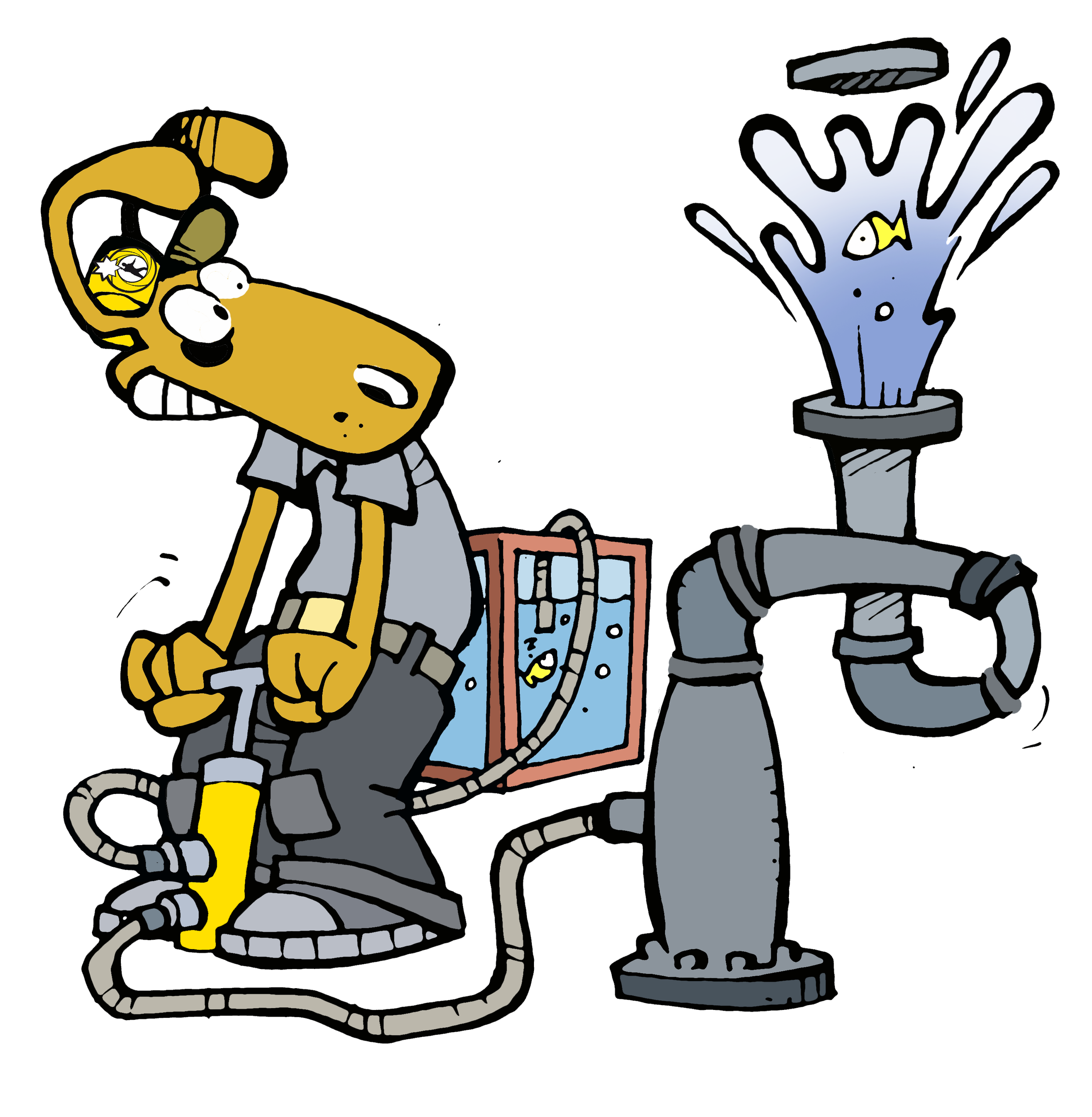 A cartoon drawing of a person pumping water through a pipe