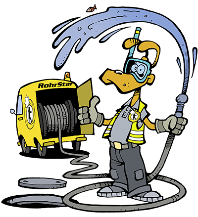 A cartoon drawing of a person spraying water with a high-pressure hose