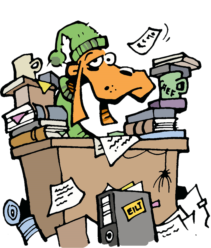 A cartoon drawing of a workplace with many chaotic documents