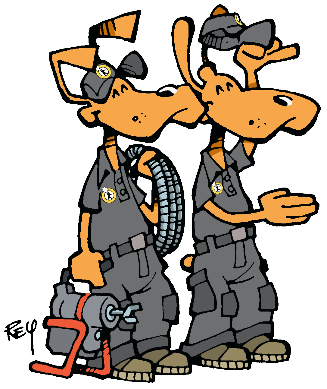 A cartoon drawing of two people. One is holding a pipe unclogging device, and the other is reaching out for a handshake.