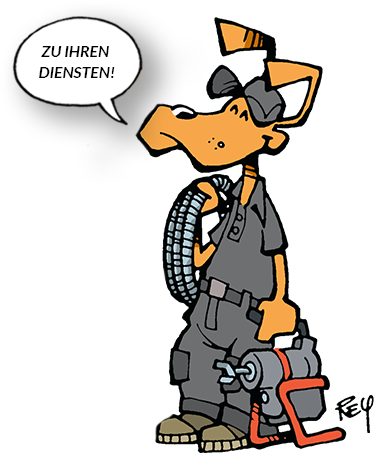 A cartoon drawing of a person saying 'At your service'