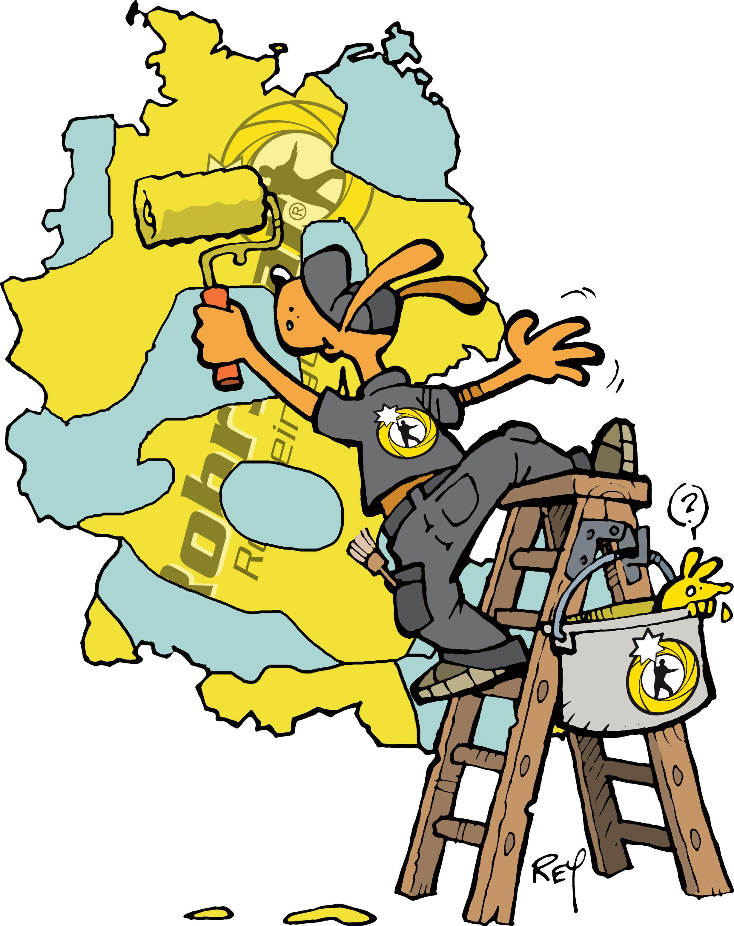 A cartoon drawing of a map of Germany being painted by a person with a paint roller
