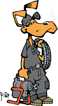 A cartoon drawing of a person holding a device for unclogging pipes