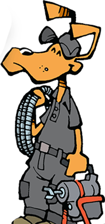 A cartoon drawing of a person holding a device for unclogging pipes