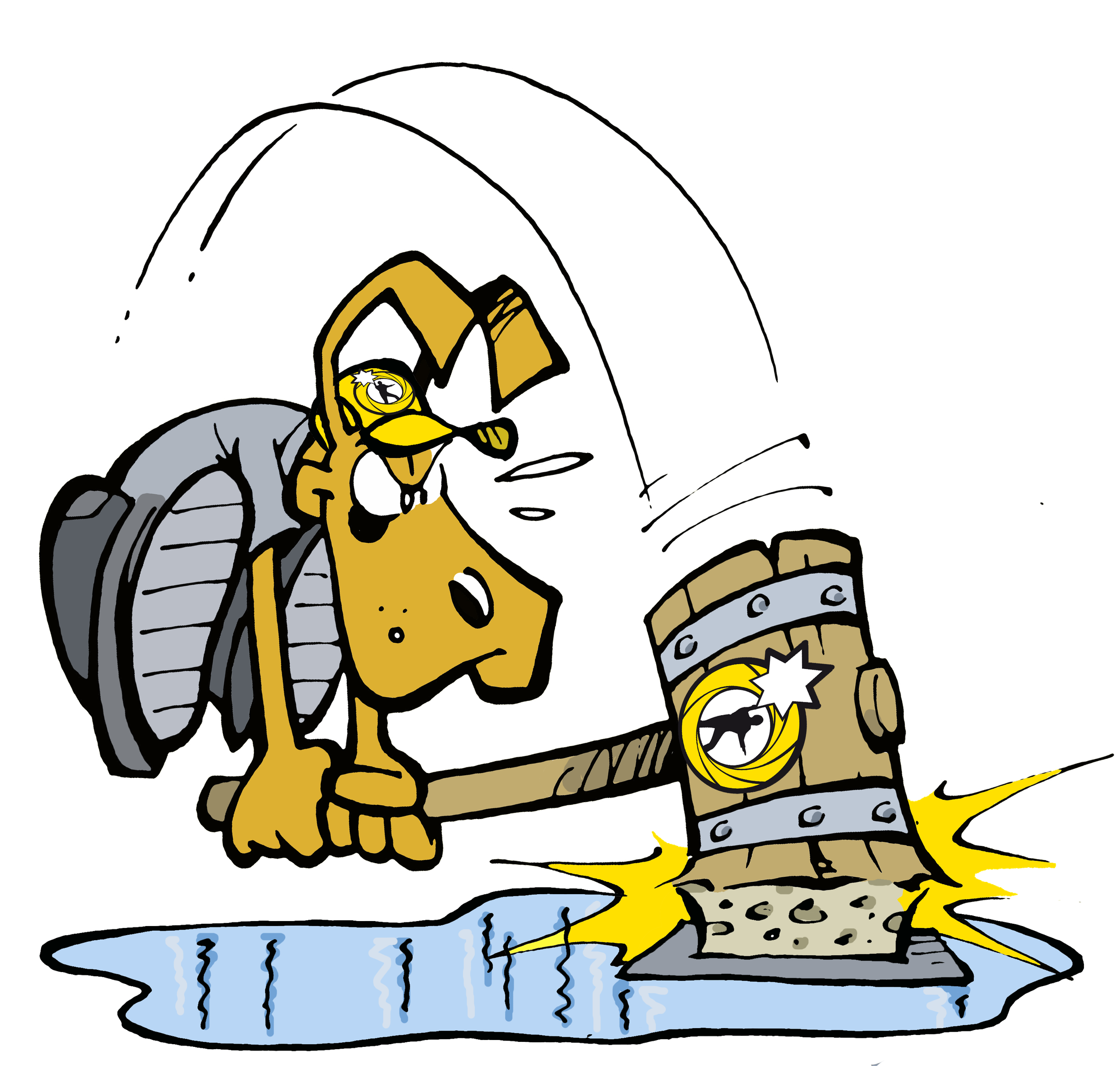 A cartoon drawing of a person hitting a puddle with a hammer